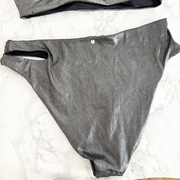 VICTORIA'S SECRET One Shoulder Cut Out High Waist Bikini Set Silver Foil L XL - Picture 11 of 13